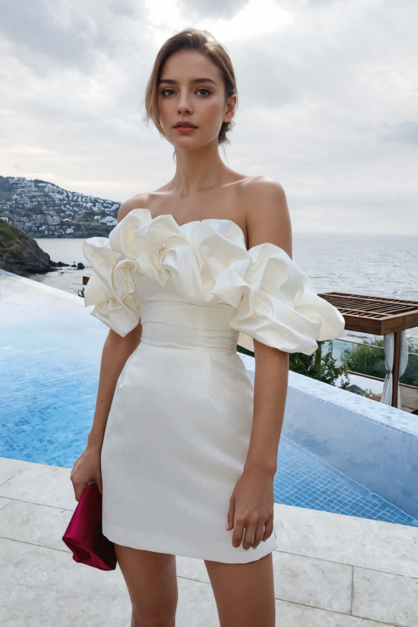 Off Shoulder Sleeveless Satin Mini Homecoming Dress With Ruffles PD540