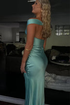 Off The Shoulder Simple Sheath Satin Aqua Long Prom Dress PSK709