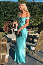 Off The Shoulder Simple Sheath Satin Aqua Long Prom Dress PSK709