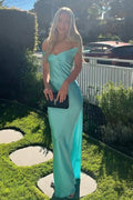 Schulterfreies, schlichtes Etuikleid aus Satin in Aquamarin, langes Ballkleid PSK709