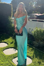 Off The Shoulder Simple Sheath Satin Aqua Long Prom Dress PSK709