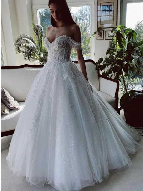 Schulterfreies A-Linien-Brautkleid mit Applikationen und Tüll, WD0460