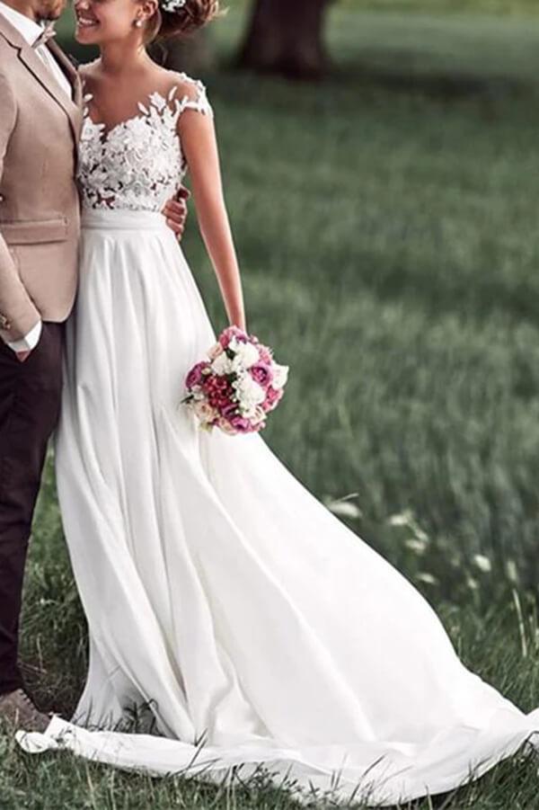 NumberSea Off White Lace Flügelärmel Chiffon Strand Brautkleider mit Applikationen, MW589