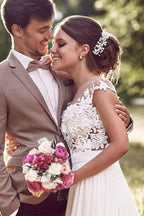 NumberSea Off White Lace Flügelärmel Chiffon Strand Brautkleider mit Applikationen, MW589