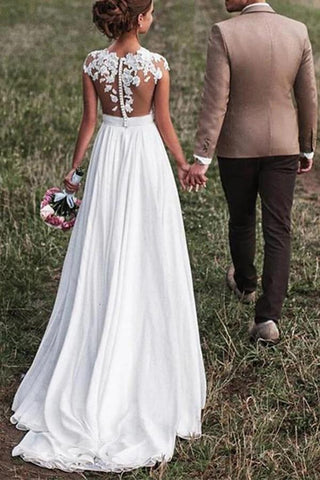Vestidos de noiva de praia em chiffon com mangas curtas e renda branca NumberSea com aplicações, MW589