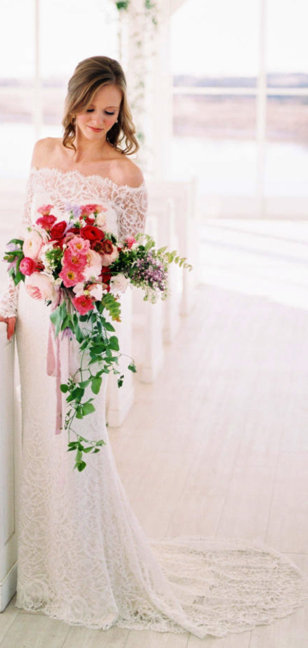 Abito da Sposa Charming in Pizzo con Spalle Scoperte e Maniche Lunghe, DB0168