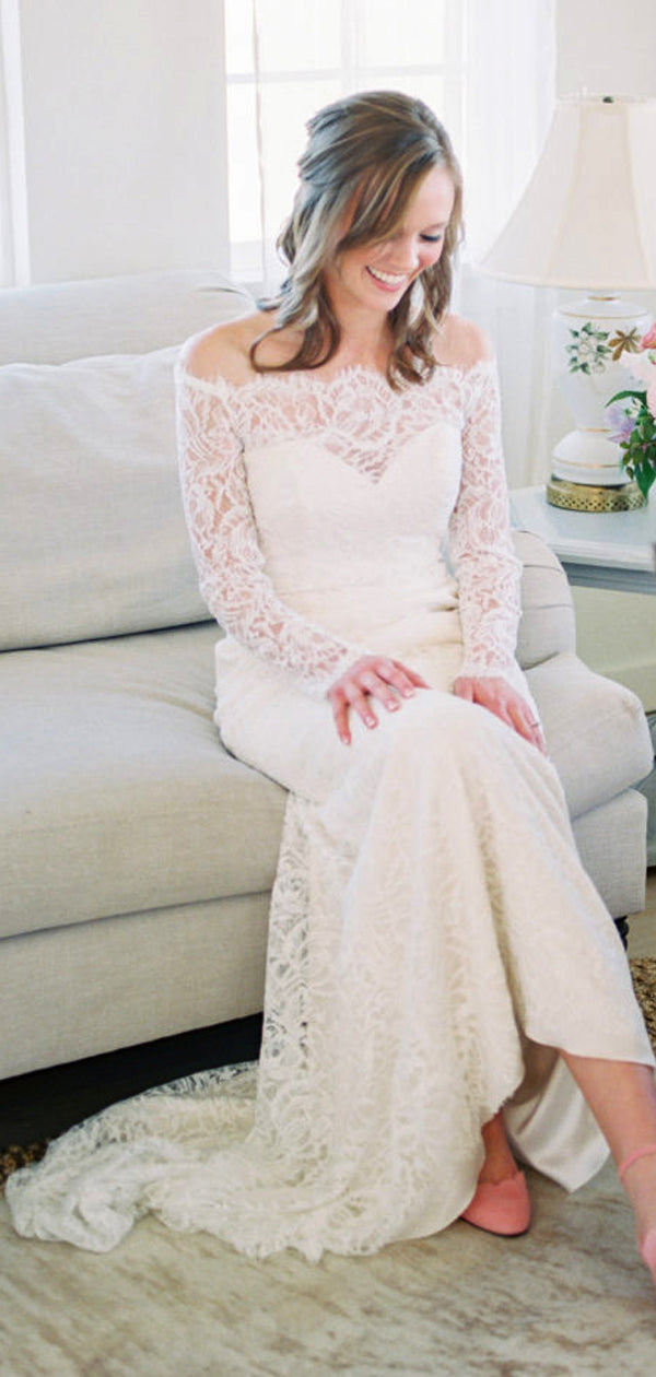 Abito da Sposa Charming in Pizzo con Spalle Scoperte e Maniche Lunghe, DB0168