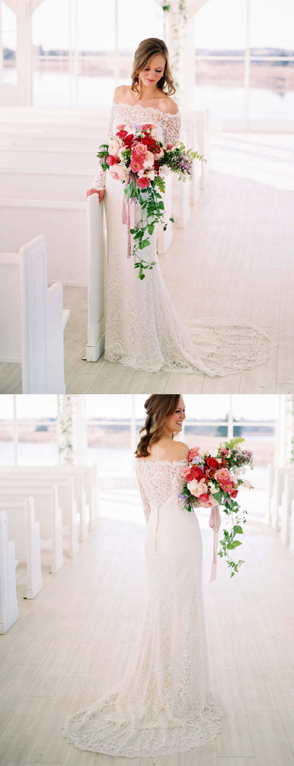 Abito da Sposa Charming in Pizzo con Spalle Scoperte e Maniche Lunghe, DB0168