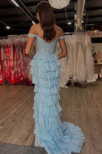 Off the Shoulder Corset Light Blue Prom Dress with Appliques PSK690
