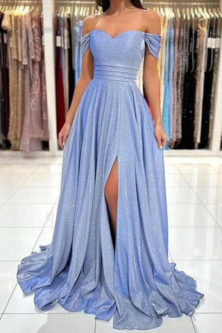 Vestido de baile comprido azul brilhante ombro a ombro PSK379