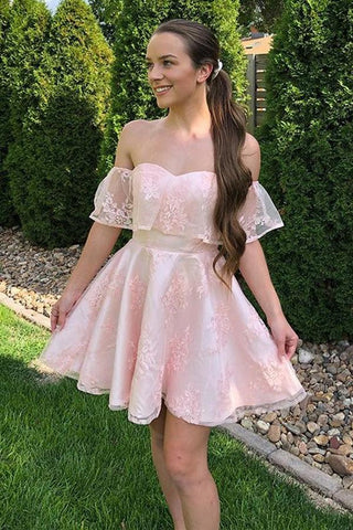 Schulterfreies, kurzes, rosa Ballkleid mit Spitze, Homecoming-Kleid, PD452