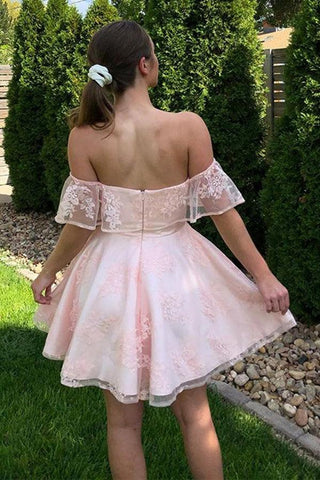Schulterfreies, kurzes, rosa Ballkleid mit Spitze, Homecoming-Kleid, PD452
