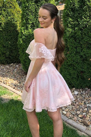 Schulterfreies, kurzes, rosa Ballkleid mit Spitze, Homecoming-Kleid, PD452