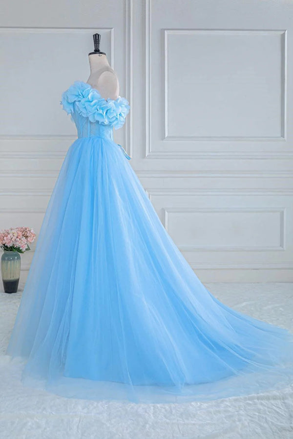 Off the Shoulder Strapless Flower A-Line Tulle Blue Prom Dress PSK474