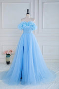 Schulterfreies, trägerloses A-Linien-Ballkleid aus Tüll mit Blumenmuster in Blau PSK474