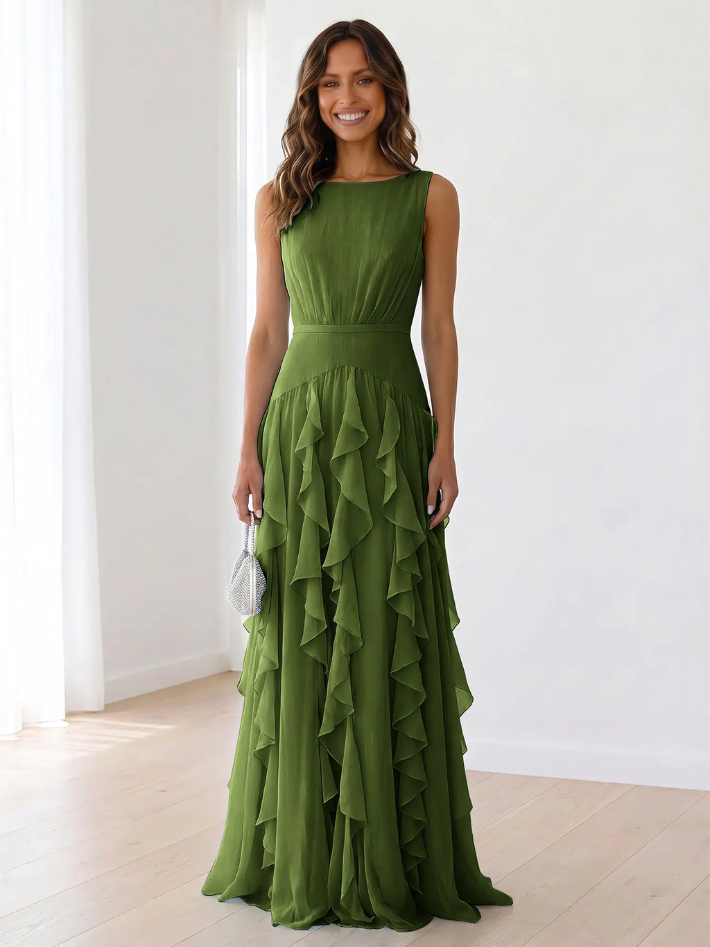 Sleeveless Tiered Chiffon Maxi Evening Gown with Ruched Bodice