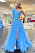 Langes Ballkleid mit One-Shoulder-Träger und Schlitz in Blau mit Spitze PSK537