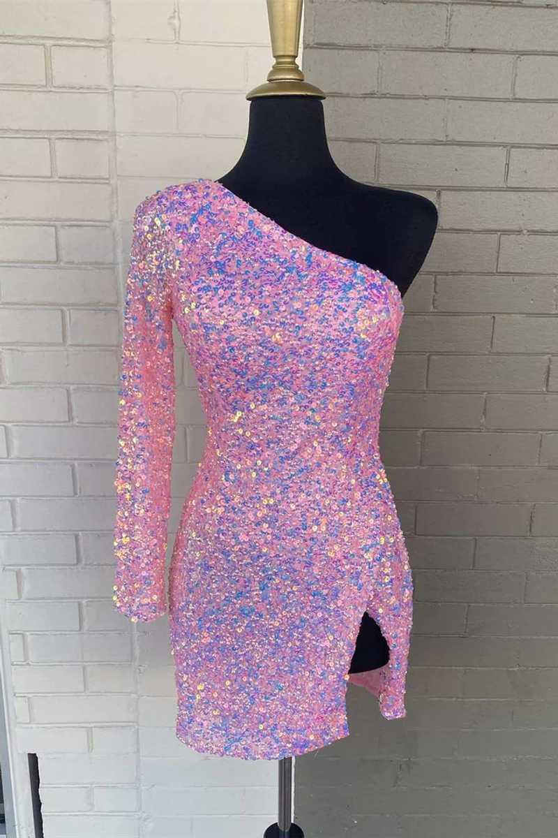 Vestido de Fiesta de Mangas Largas con Lentejuelas en Rosa Fucsia Vibrante SYH18