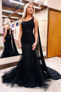One-Shoulder-Meerjungfrau-Spitze Schwarz Ballkleid Abendkleid PSK567