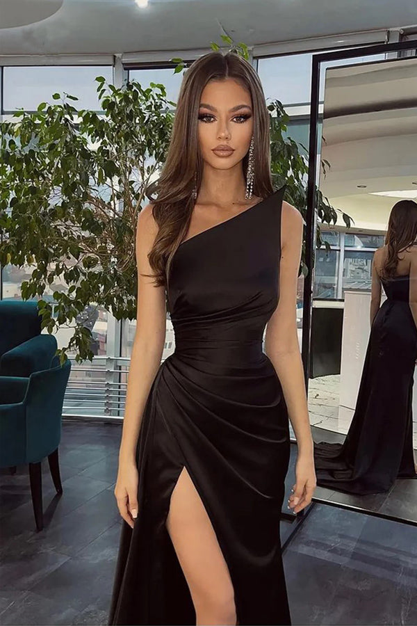 One Shoulder Pleats Side Split Sheath Prom Dress Party Gown PSK681