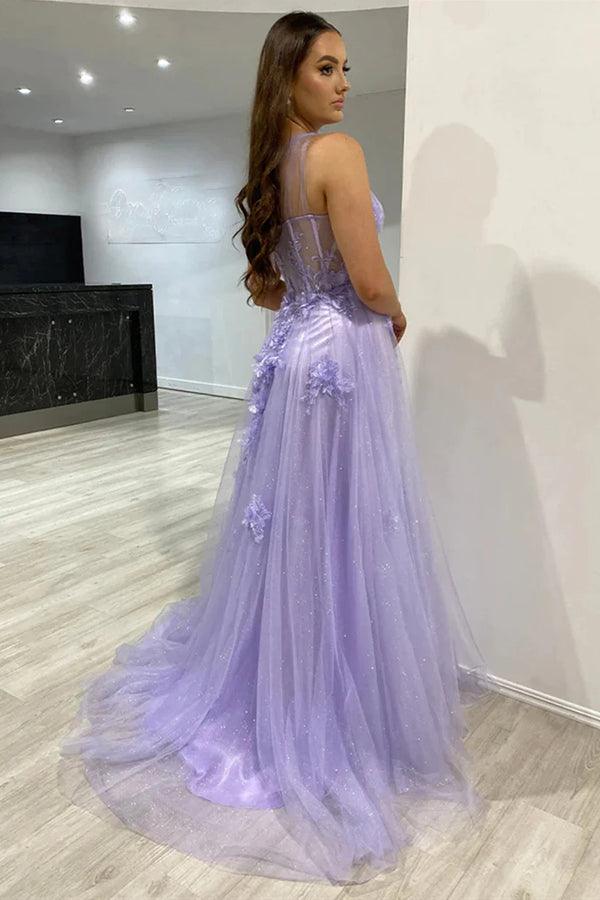 Vestido de festa lilás com racha e renda de um ombro só PSK426