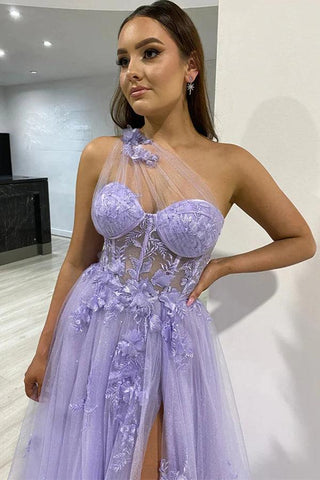 Vestido de festa lilás com racha e renda de um ombro só PSK426