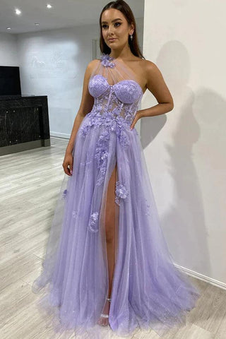 Vestido de festa lilás com racha e renda de um ombro só PSK426