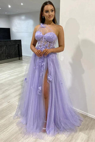 Vestido de festa lilás com racha e renda de um ombro só PSK426