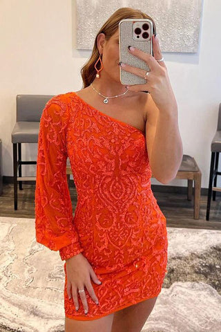 Einschultriges, enges, kurzes Ballkleid, orangefarbenes Homecoming-Kleid, PD563