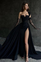 One Shoulder A-Line High Slit Black Prom Dress Without Sleeves PSK679
