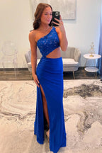 One Shoulder Royal Blue Appliques Cutout Long Prom Dress PSK718