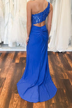 One Shoulder Royal Blue Appliques Cutout Long Prom Dress PSK718