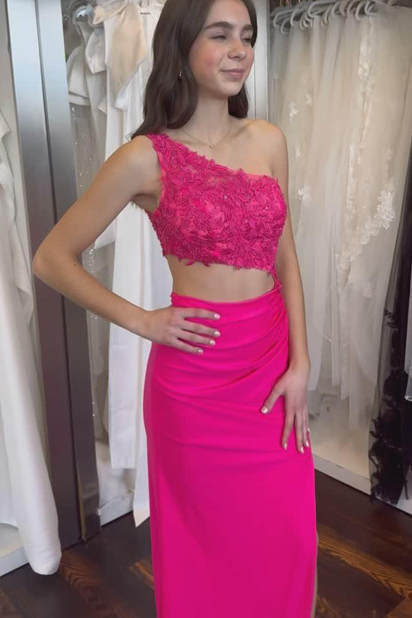 One Shoulder Royal Blue Appliques Cutout Long Prom Dress PSK718