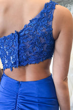 One Shoulder Royal Blue Appliques Cutout Long Prom Dress PSK718