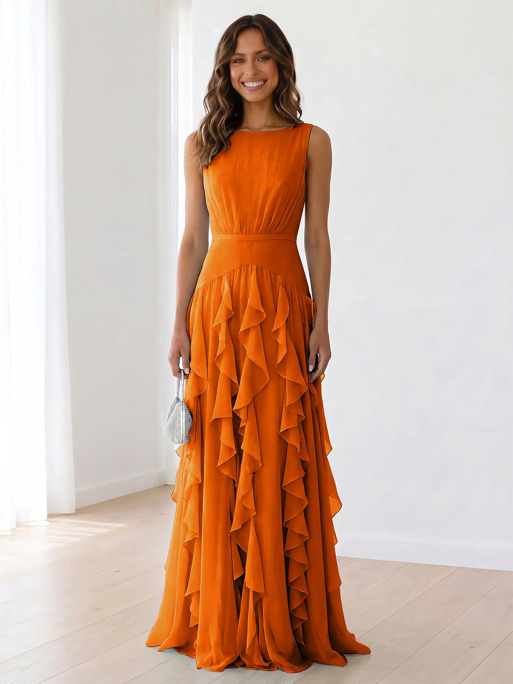 Sleeveless Tiered Chiffon Maxi Evening Gown with Ruched Bodice
