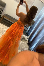 Vestido de festa comprido em tule e renda laranja PSK366