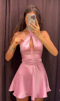Reizvolles Trägerkleid in Rosa Satin, A-Linien-Heimkehrkleid, Minipromkleid Y8079