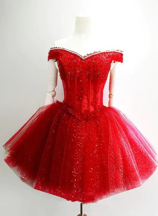 Niedliches Rot Süßherz Glänzender Tüll Off Schulter Kurzes Homecoming Kleid Rotes Partykleid Y1212