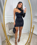 Vestido Preto de Manga Única com Lantejoulas para Baile de Finalistas Y2576