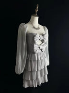 Niedliches silbergraues Tüll-A-Linien-Kurz-Partykleid mit Schleife, geschichtet, Homecoming-Kleid Y8651
