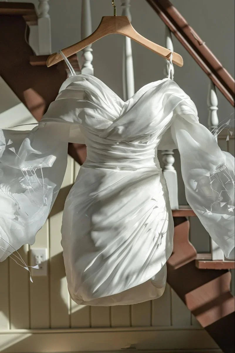 Robe de bal à manches longues blanche avec plissé pour la remise des diplômes Y2545