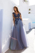 Robe de soirée et de bal à dos ouvert en dentelle bleue avec manches longues et élégantes PG663