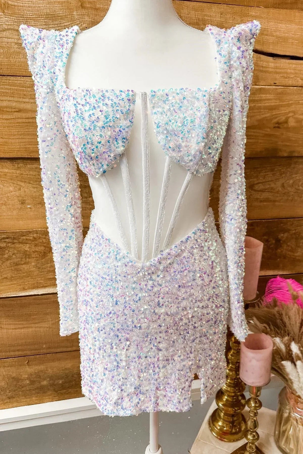 Irisierendes Weiß Pailletten Langarm Quadrat-Ausschnitt Homecoming-Kleid Y2677