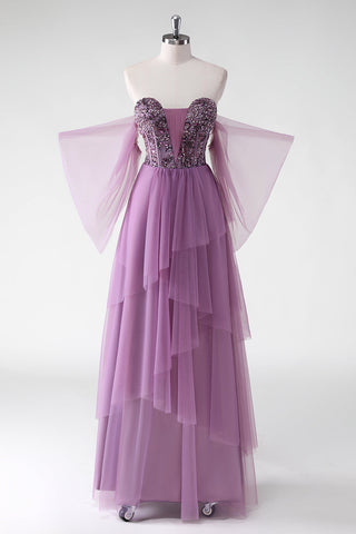 A-Linie, schulterfrei, lila Pailletten, Hochzeitsgastkleid
