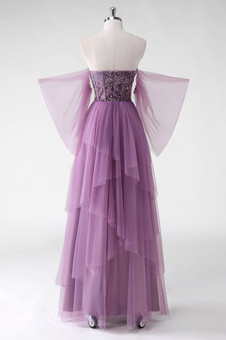 A-Linie, schulterfrei, lila Pailletten, Hochzeitsgastkleid