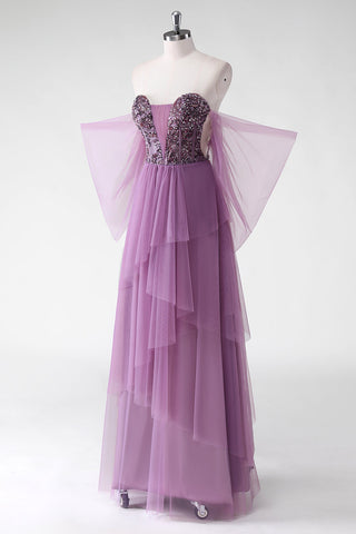 A-Linie, schulterfrei, lila Pailletten, Hochzeitsgastkleid