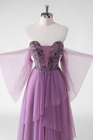 A-Linie, schulterfrei, lila Pailletten, Hochzeitsgastkleid