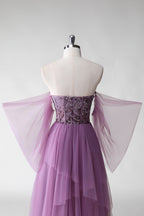 A-Linie, schulterfrei, lila Pailletten, Hochzeitsgastkleid