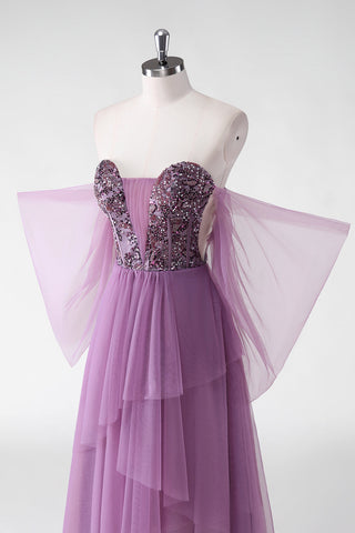A-Linie, schulterfrei, lila Pailletten, Hochzeitsgastkleid