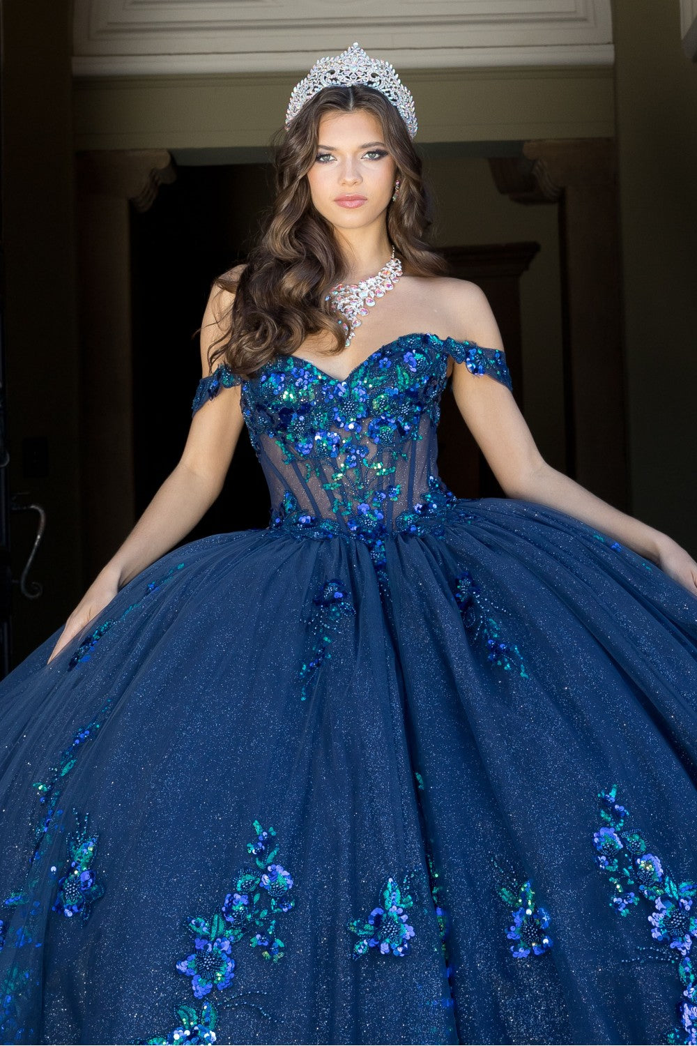 Floral Off Shoulder Ball Gown by Petite Adele PQ1073